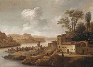 A Mediterranean River Landscape With Figures On The River Bank