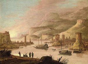 A Mountainous River Landscape With Figures On A Bank, A Town Beyond