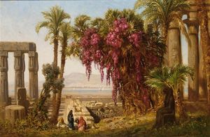 Araber Frauen ruhen in der nähe von Ein Ruine , der fluss Nil in der ferne