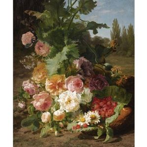 Un bodegón con las rosas , Margaritas , Frambuesas y melocotones en un paisaje