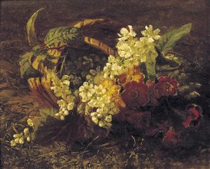 Cherryblossem And Primroses In A Basket