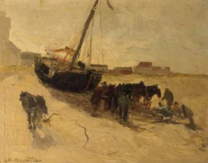 A Beach Scene With Horses And A Fishingsmack