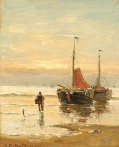 A Fisherman By Two Boats On The Beach