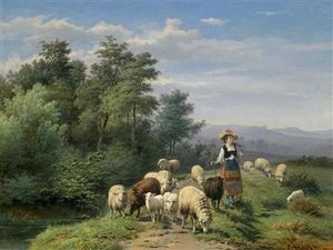 アンオープン風景の中に羊飼いと群れ