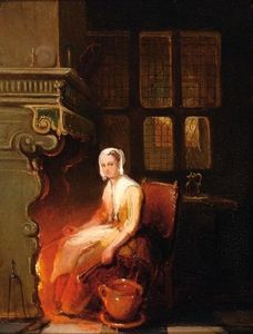 Interior With Woman By A Fire