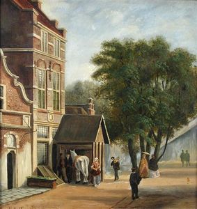 Dutch Street Scene With Walkers Passing By, And A Grey Horse Outside An Inn