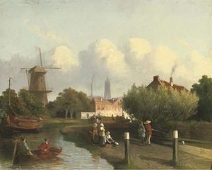 A Busy Canal Near A Dutch Town