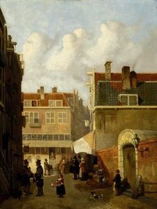 Dutch Cityview With Collectors At An Antiques-stand