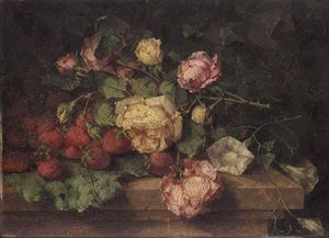 Still Life Of Roses And Strawberries