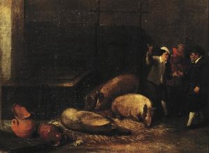 Un gentleman et un paysan de conclure une entente sur la vente d un cochon dans une porcherie