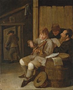 Ein Junge Fiddler Musizieren begleitet von zwei Bauern singend in einem Innen