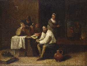 Campesinos sentados alrededor una mesa y el tabaquismo , Cifras cerca de una Chimenea en el fondo