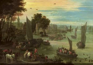 a río paisaje con numerosas figuras vela barcos