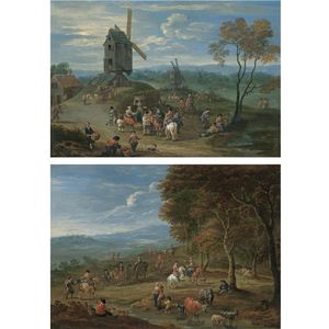 An Extensive Landscape With Peasants Selling Fruit Before A Series Of Windmills