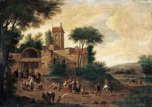 An Italianate Landscape With Figures Before A Church