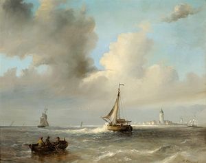 Men In A Barge And Sailing Boats Off A Coast