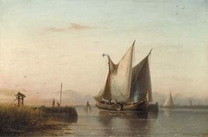 Sailing Vessels In A Calm Estuary At Dusk