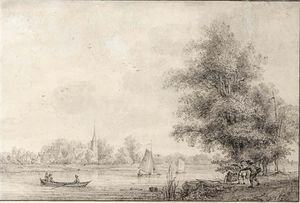 View Of Lekkerkerk On The River Lek, With Figures On A Path In The Foreground