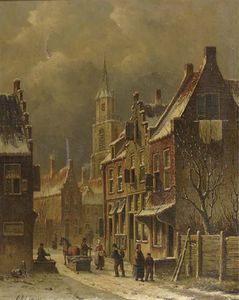 A Townview In Winter With Figures Conversing