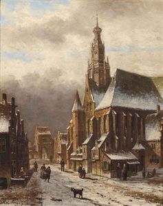Ein Blick auf eine niederländische Stadt im Winter