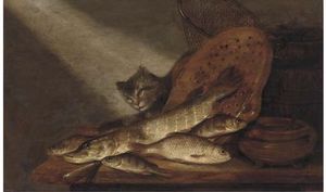 Un El gato , pez muerto , Cerámica Ollas y una red de pesca sobre una mesa
