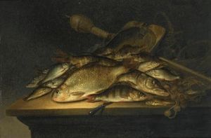 Still Life With Fish, Nets, Fishing Equipment And A Knife On A Table