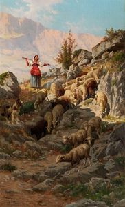 Junge Italienische Schäferin Mit Ihrer Herde Im Apennin-gebirge