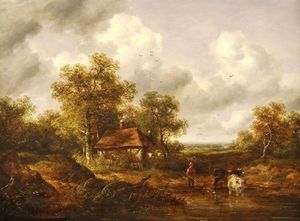 A Wooded Landscape With Cattle At A Pond