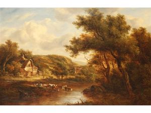 Cattle Watering Beside A Cottage In A Wooded Landscape