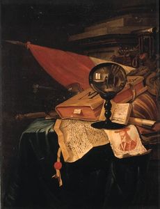 A Vanitas Still Life With The Artist At His Easel Reflected In A Crystal Ball