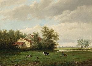 A Landscape With Two Girls Playing In A Meadow Near A House