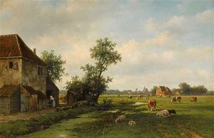 A Sunny Landscape With Cattle Near A Farm