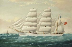 The English Three-masted Barque Antarctic In Full Sail Off The Bishop's Rock Lighthouse In The Channel