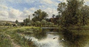 Ducks On A Pond, A Cottage Beyond