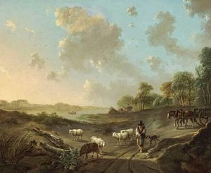 A Pastoral Landscape With Figures And Sheep On A Track In The Foreground