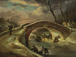 A Winter Landscape With A Horse Drawn Cart Going Over A Bridge, Peasants Transporting Pigs Over The River, And Children Sledging