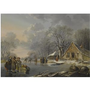 A Winter Landscape With Skaters On A Frozen River Near An Inn