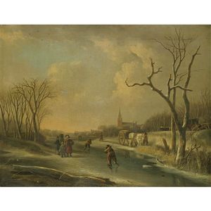 A Winter Landscape With Skaters On A Frozen River, Together With A Family Of Faggot Gatherers