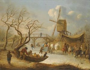 A Winter Landscape With Skating Figures And A Horse-drawn Sleigh Near A Wind Mill