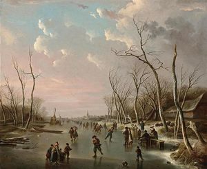 An Extensive Winter Landscape With Skaters On A Frozen River, A View Of A Town Beyond