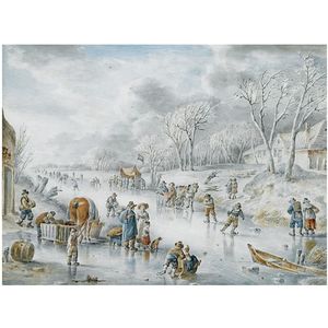 Many Figures On A Frozen Canal, A 'koek En Zopie' In The Distance