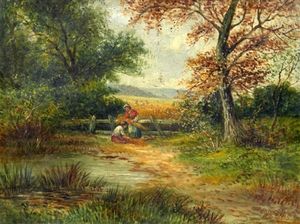 Young Maids Gathering Corn In A Wooded Landscape