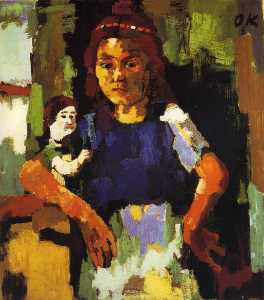 Fillette à la poupée, Young girl with the headstock , Huile sur Toile,