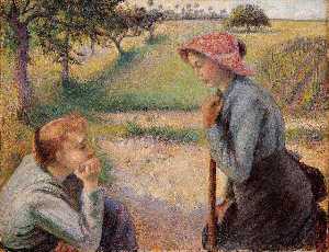 two peasant woman chatting.