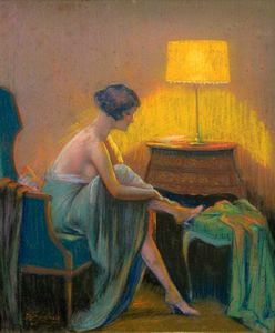 a young woman undressing in an interior
