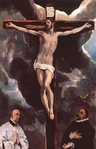 Cristo en la cruz adorado por donantes