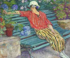 mujer joven sentado enestado  hortensias