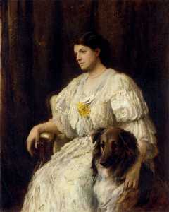 portrait of a lady with her collie seated three quarter length