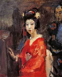 Japanese woman in red kimono Sun