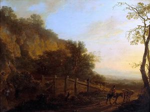 A landscape with a figure riding a donkey in the foreground